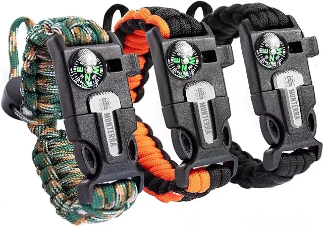 cuerda de paracaídas
 Pulsera de supervivencia, Paquete de 3, Ajustable, Encendedor de fuego, Brújula, Silbato, 
Equipo de emergencia, accesorios para acampar, elementos esenciales para senderismo, trekking 
Aventuras, Pesca, Caza.